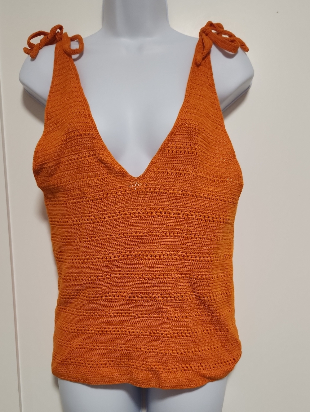 Handmade Women's Orange Crochet Tie-Shoulder Tank Top